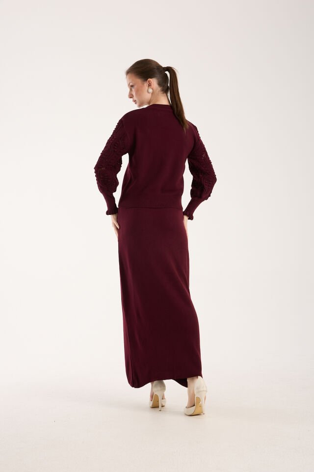 Triko Uzun Etek Ajurlu Kol Ceket Takım - Bordo