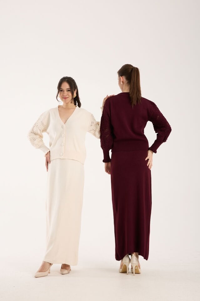 Triko Uzun Etek Ajurlu Kol Ceket Takım - Ekru