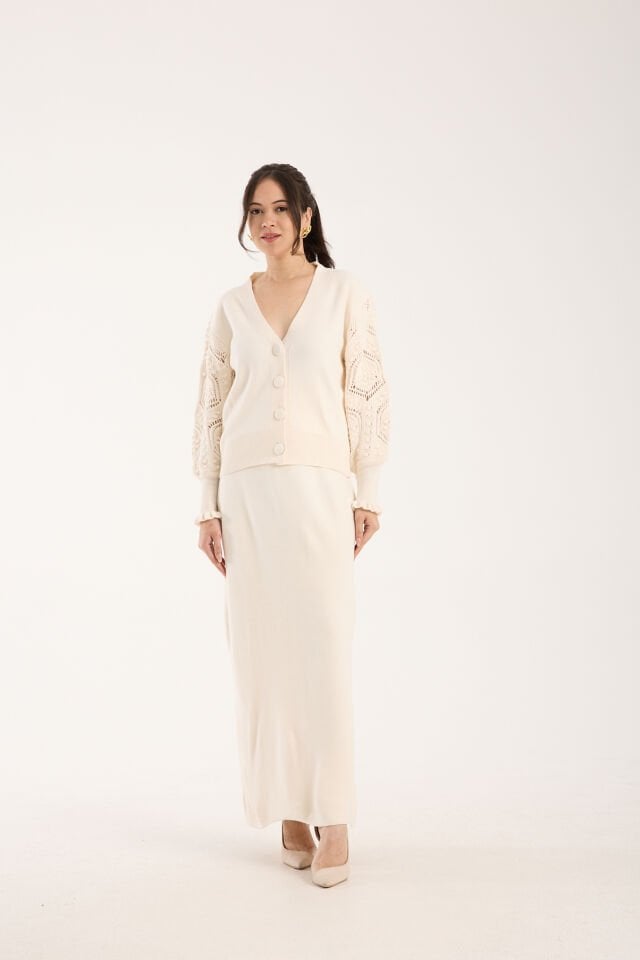 Triko Uzun Etek Ajurlu Kol Ceket Takım Ekru