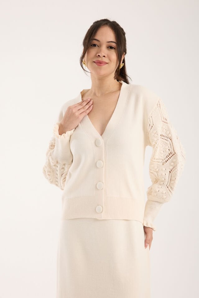 Triko Uzun Etek Ajurlu Kol Ceket Takım Ekru