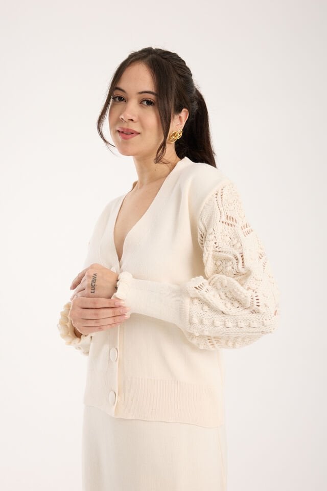 Triko Uzun Etek Ajurlu Kol Ceket Takım - Ekru