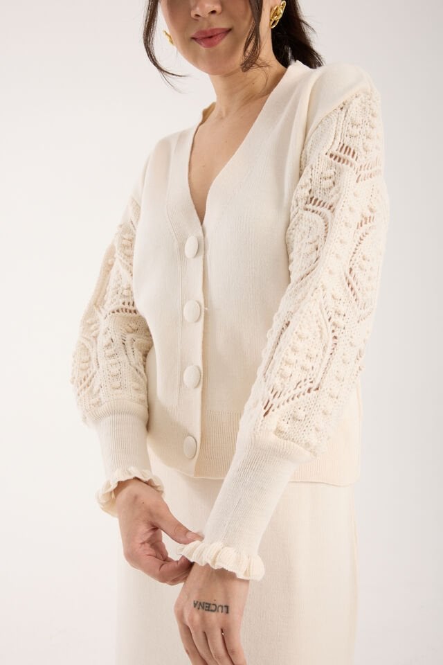 Triko Uzun Etek Ajurlu Kol Ceket Takım - Ekru