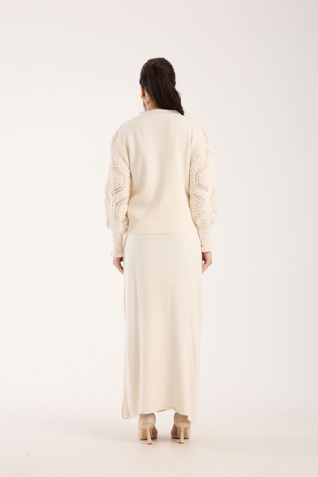 Triko Uzun Etek Ajurlu Kol Ceket Takım Ekru