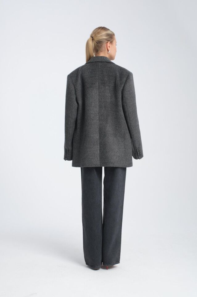 Gri Oversize Yün Karışımlı Kaşe Ceket - Maskülen Kesim Kadın Blazer