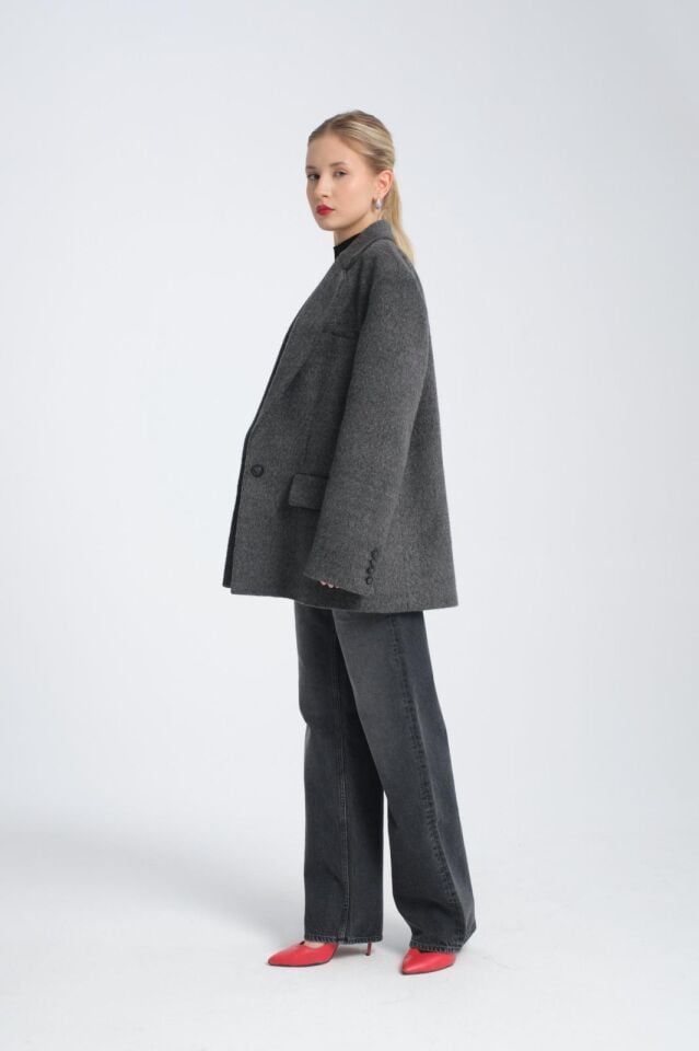 Gri Oversize Yün Karışımlı Kaşe Ceket - Maskülen Kesim Kadın Blazer