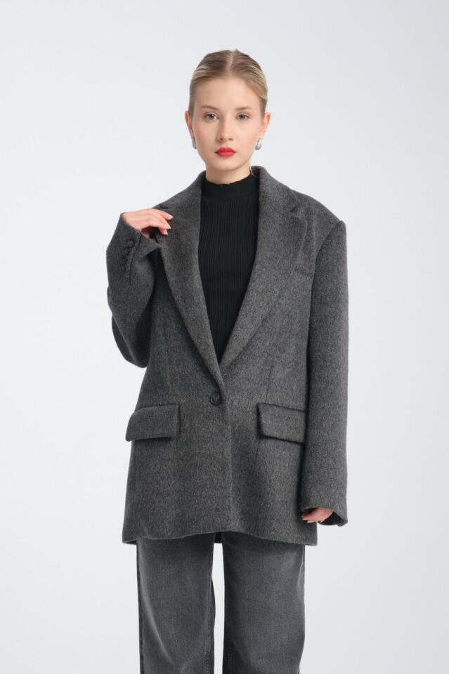 Gri Oversize Yün Karışımlı Kaşe Ceket - Maskülen Kesim Kadın Blazer