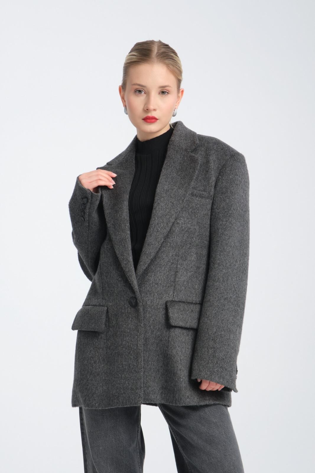 Gri Oversize Yün Karışımlı Kaşe Ceket - Maskülen Kesim Kadın Blazer