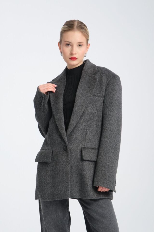 Gri Oversize Yün Karışımlı Kaşe Ceket - Maskülen Kesim Kadın Blazer