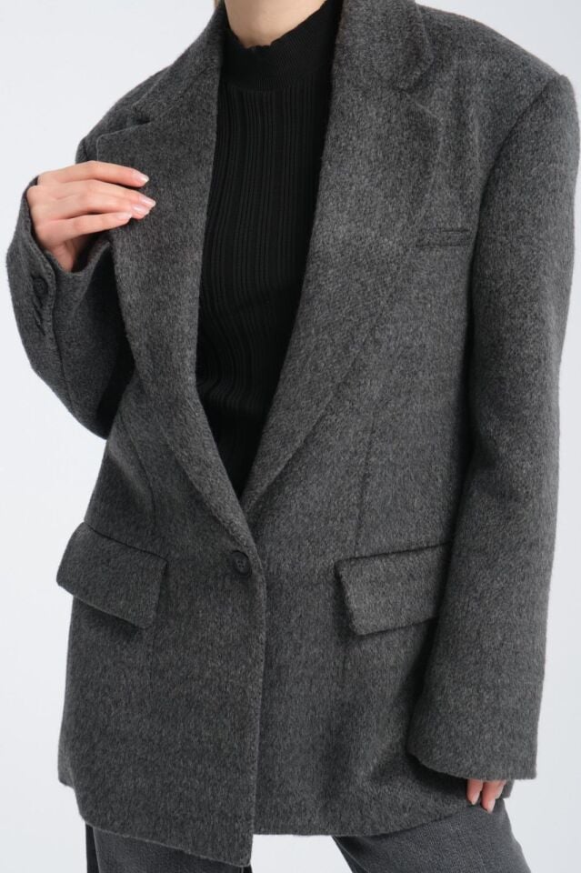 Gri Oversize Yün Karışımlı Kaşe Ceket - Maskülen Kesim Kadın Blazer
