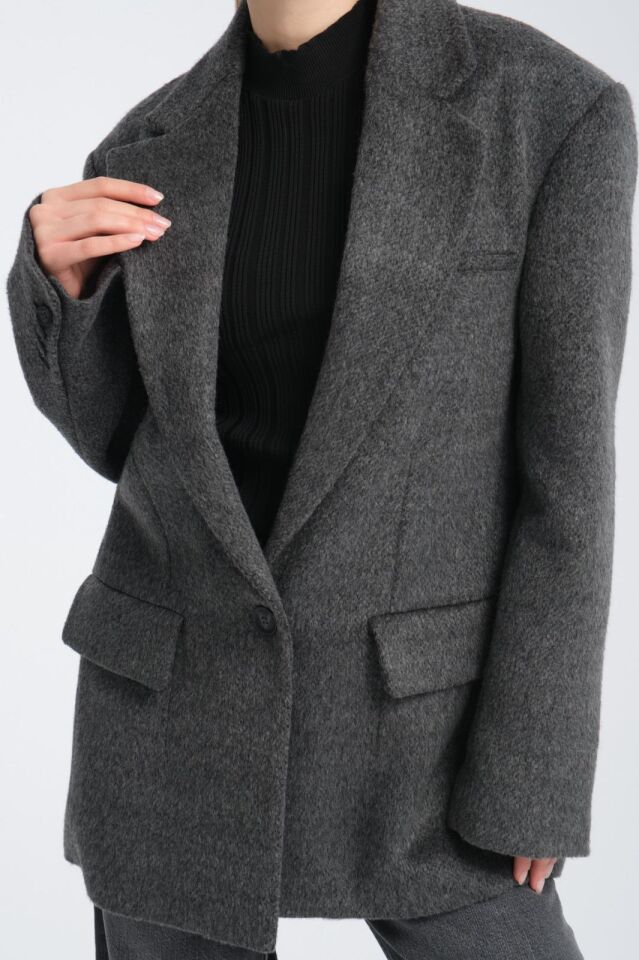 Gri Oversize Yün Karışımlı Kaşe Ceket - Maskülen Kesim Kadın Blazer