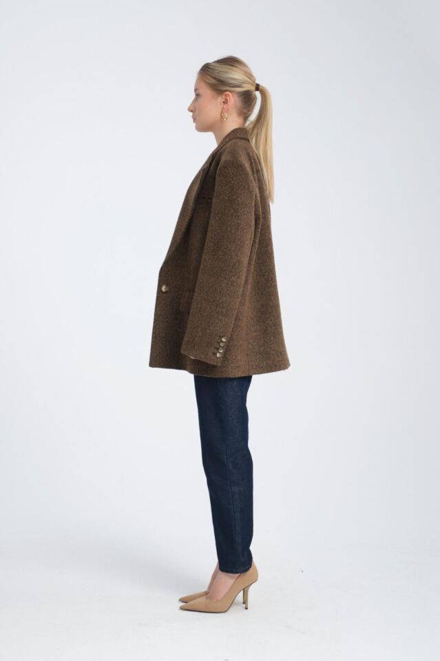 Kahverengi Oversize Yün Karışımlı Kaşe Ceket - Maskülen Kesim Kadın Blazer
