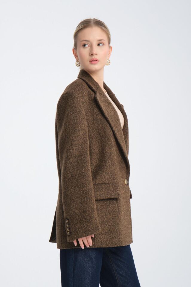 Kahverengi Oversize Yün Karışımlı Kaşe Ceket - Maskülen Kesim Kadın Blazer