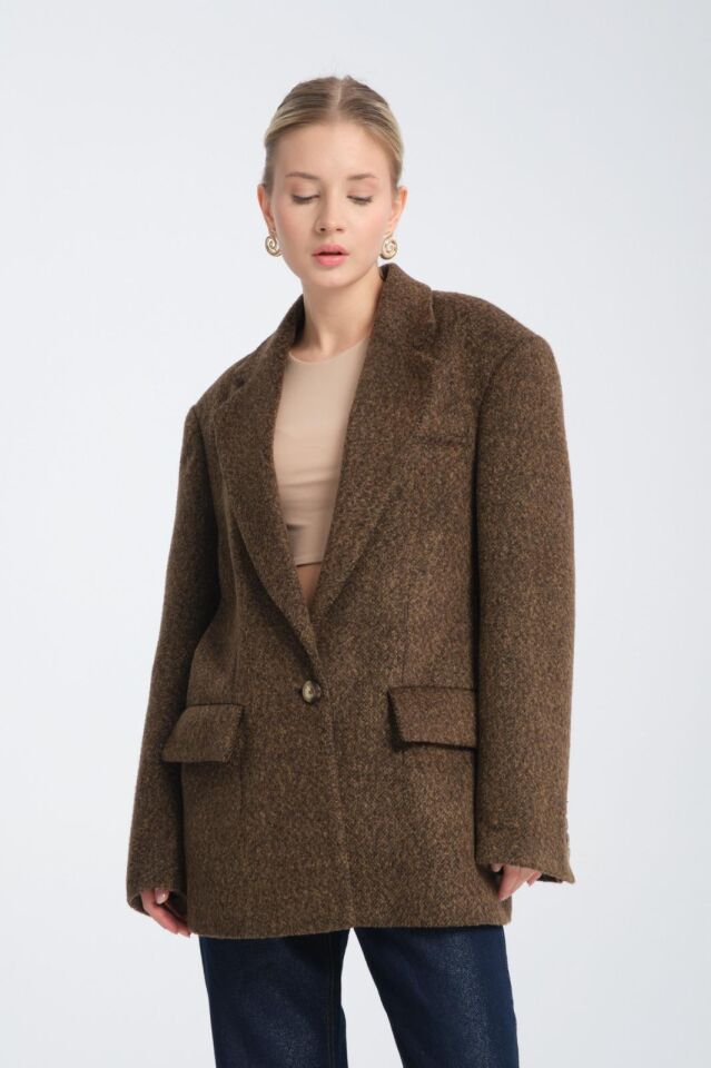 Kahverengi Oversize Yün Karışımlı Kaşe Ceket - Maskülen Kesim Kadın Blazer