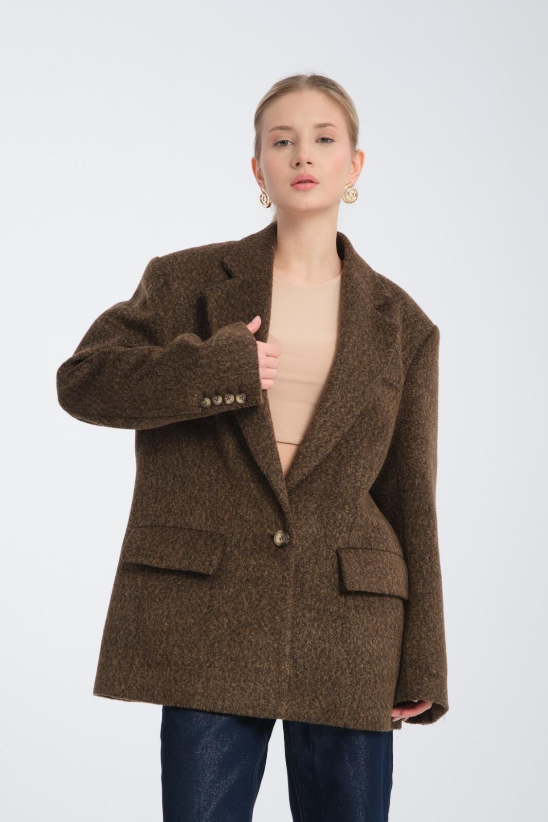 Kahverengi Oversize Yün Karışımlı Kaşe Ceket - Maskülen Kesim Kadın Blazer