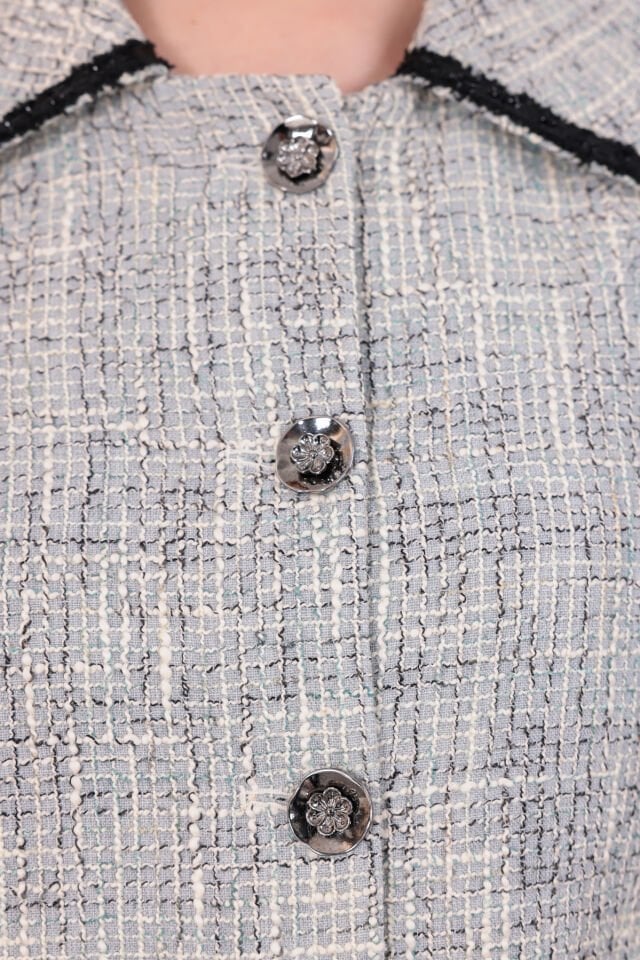 Gri Bebe Yaka Tüvit Ceket Etek Takımı - Siyah Şerit Detaylı İkili Takım