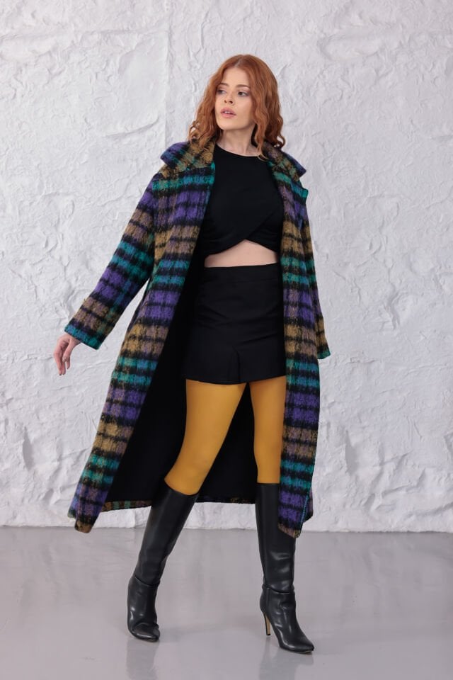 Çok Renkli Ekose Desenli Buklet Kaban - Geniş Yakalı Oversize Uzun Palto