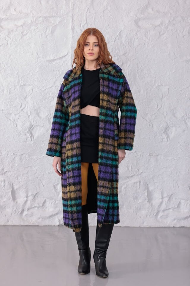 Çok Renkli Ekose Desenli Buklet Kaban - Geniş Yakalı Oversize Uzun Palto