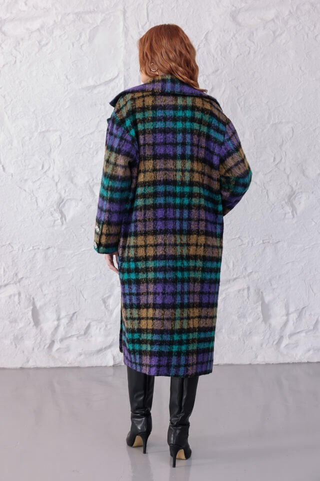 Çok Renkli Ekose Desenli Buklet Kaban - Geniş Yakalı Oversize Uzun Palto