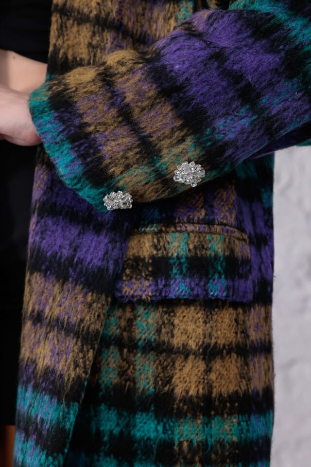 Çok Renkli Ekose Desenli Buklet Kaban - Geniş Yakalı Oversize Uzun Palto