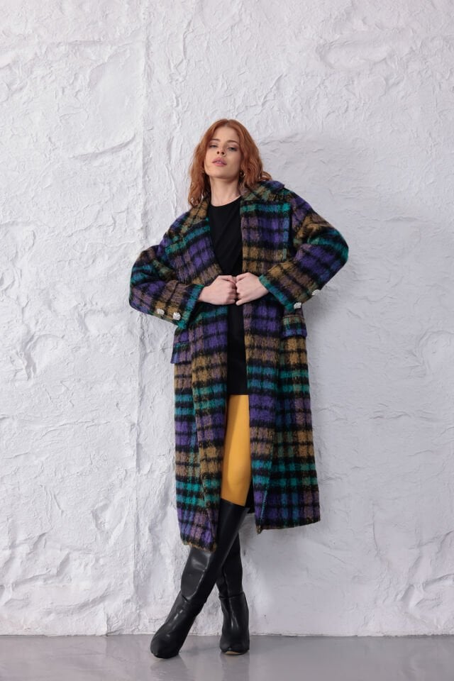 Çok Renkli Ekose Desenli Buklet Kaban - Geniş Yakalı Oversize Uzun Palto