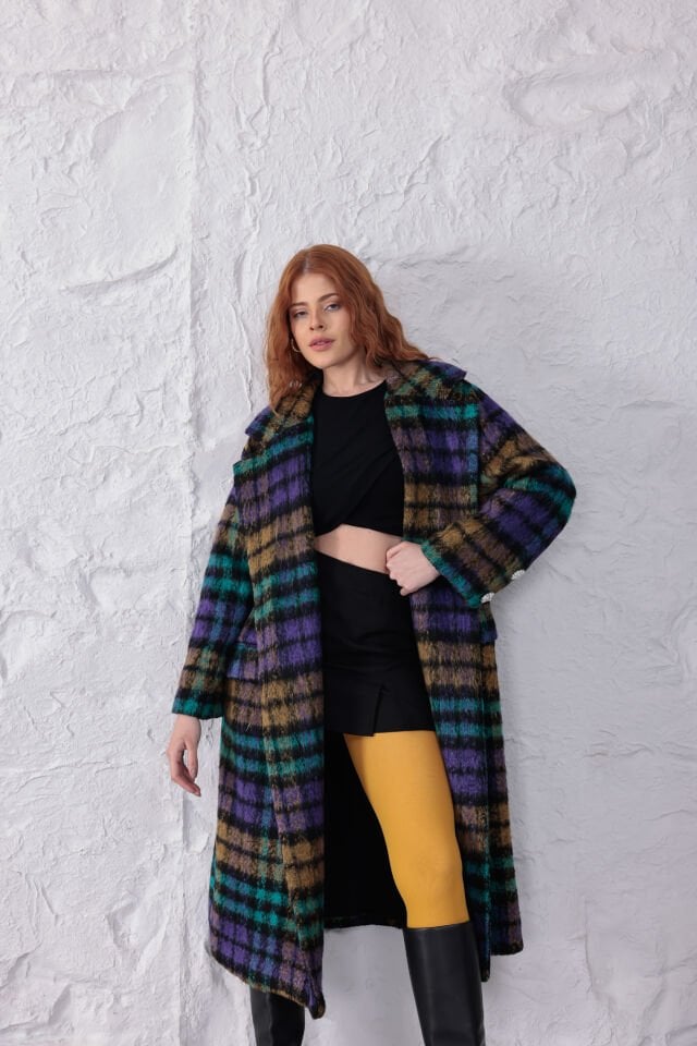 Çok Renkli Ekose Desenli Buklet Kaban - Geniş Yakalı Oversize Uzun Palto