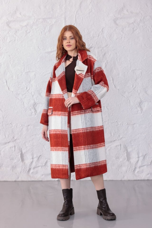 Turuncu Beyaz Büyük Ekose Desenli Oversize Yünlü Kaban - Geniş Yakalı Uzun Kışlık Palto Serisi