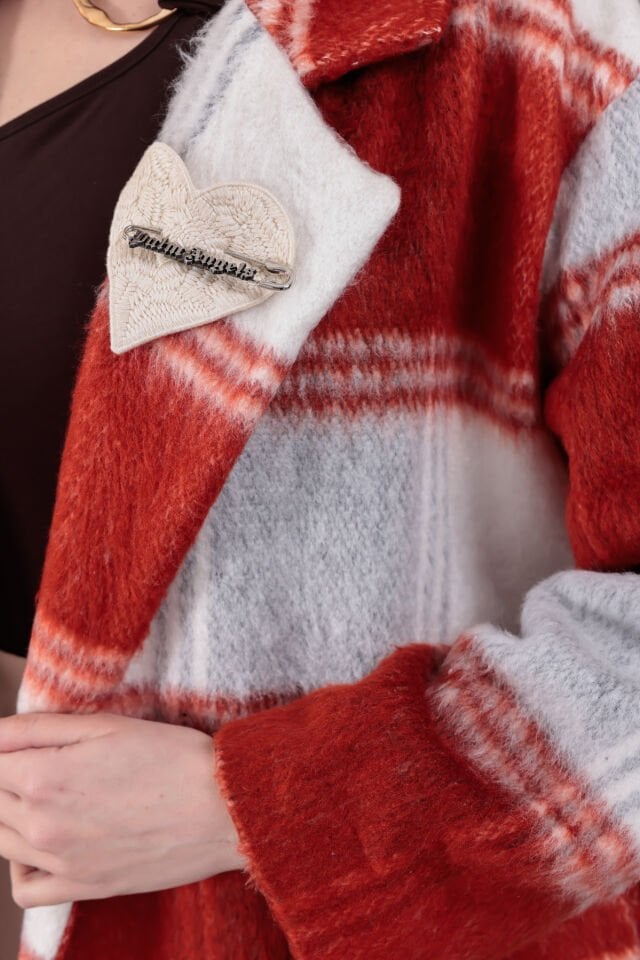 Turuncu Beyaz Büyük Ekose Desenli Oversize Yünlü Kaban - Geniş Yakalı Uzun Kışlık Palto Serisi