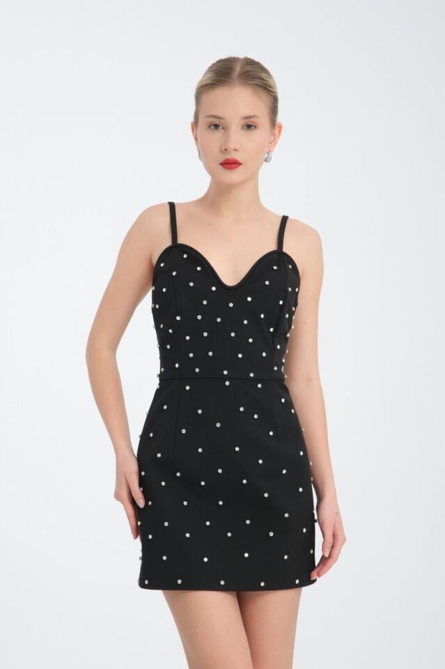 Taşlı Büstiyer Yaka Detaylı Mini Elbise- Işıltılı Taş İşlemeli Siyah Elbise