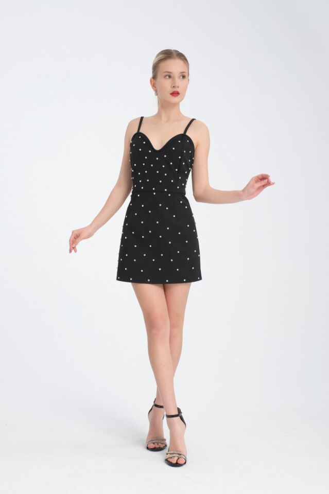 Taşlı Büstiyer Yaka Detaylı Mini Elbise- Işıltılı Taş İşlemeli Siyah Elbise