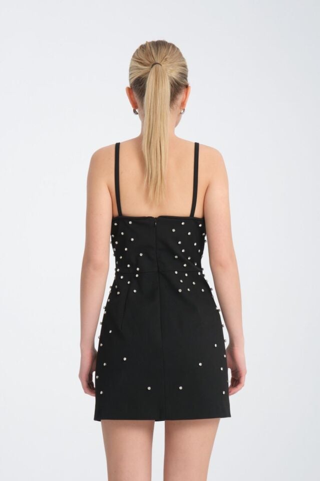 Taşlı Büstiyer Yaka Detaylı Mini Elbise- Işıltılı Taş İşlemeli Siyah Elbise