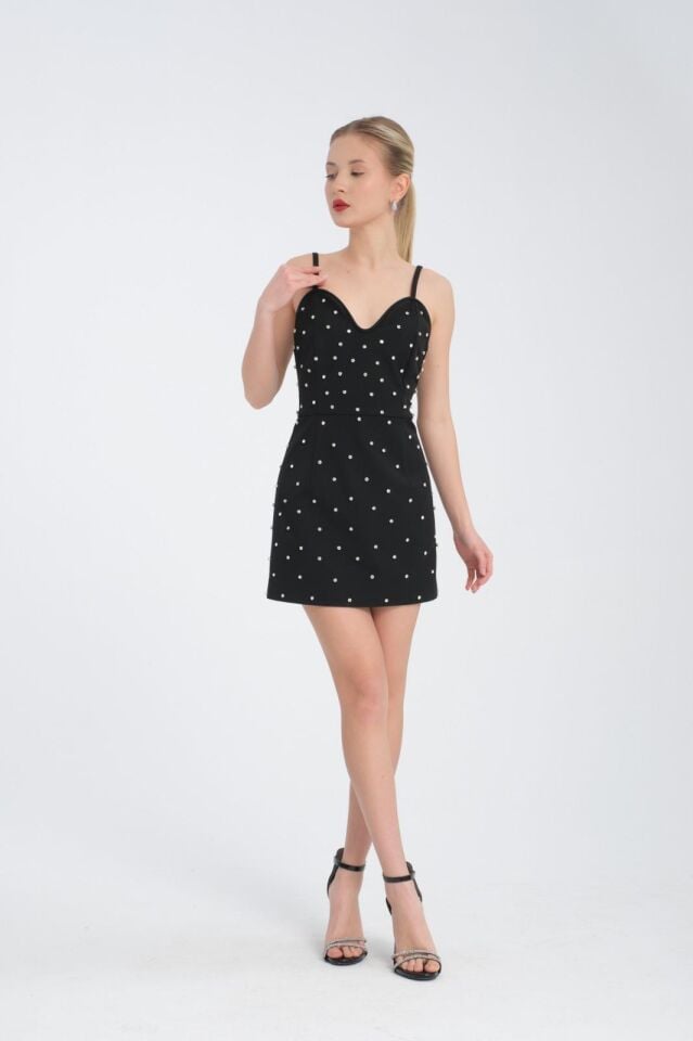 Taşlı Büstiyer Yaka Detaylı Mini Elbise- Işıltılı Taş İşlemeli Siyah Elbise