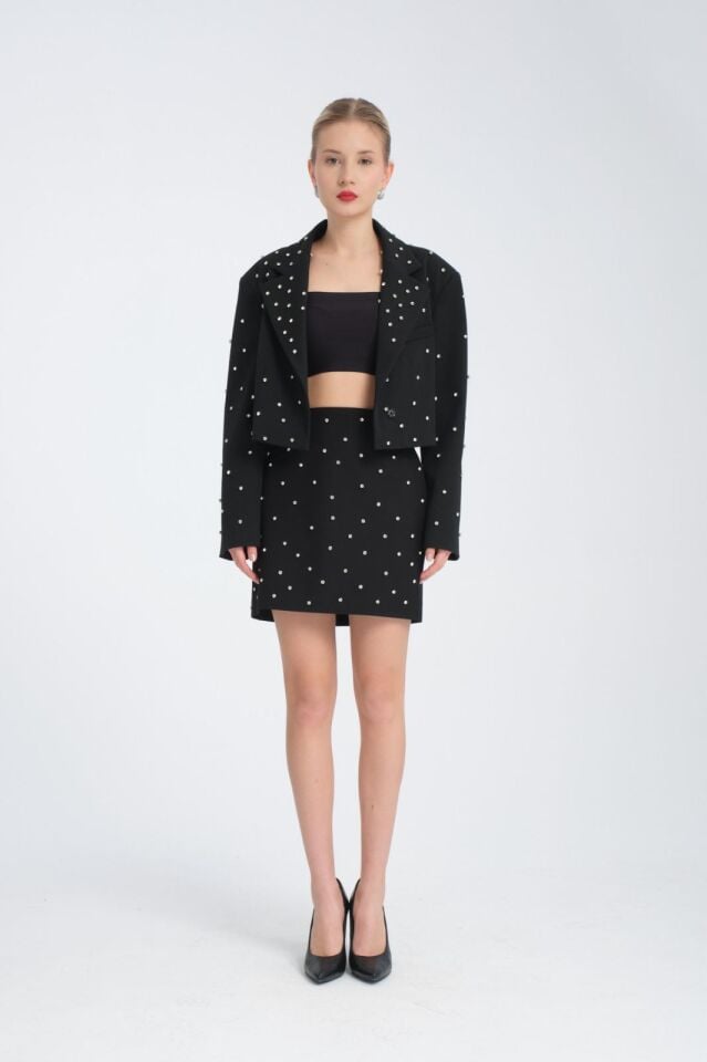 Çakmalı Taş Detaylı Siyah Mini Etek-Gece Kombinlik Taşlı Siyah Mini Etek