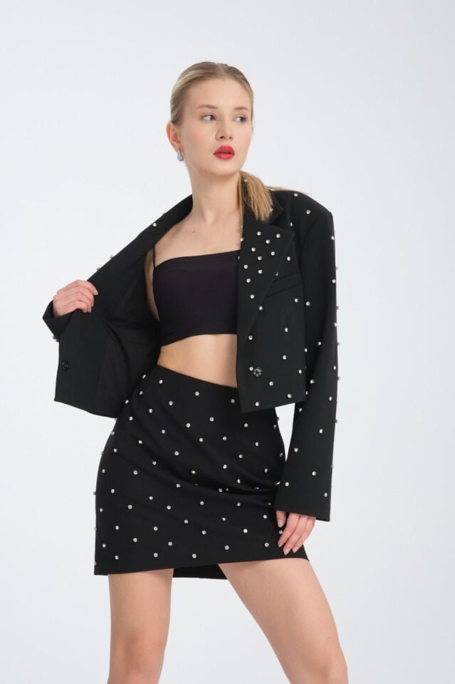 Çakmalı Taş Detaylı Siyah Mini Etek-Gece Kombinlik Taşlı Siyah Mini Etek