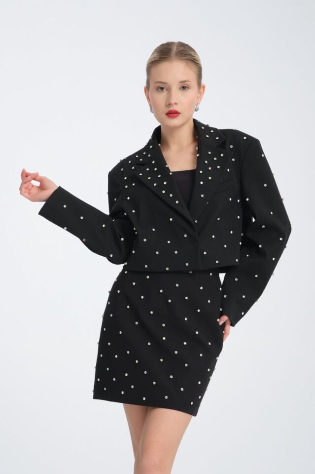 Çakmalı Taş Detaylı Siyah Mini Etek-Gece Kombinlik Taşlı Siyah Mini Etek