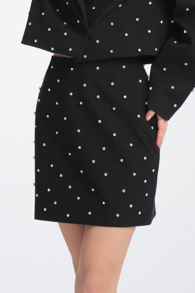 Çakmalı Taş Detaylı Siyah Mini Etek-Gece Kombinlik Taşlı Siyah Mini Etek