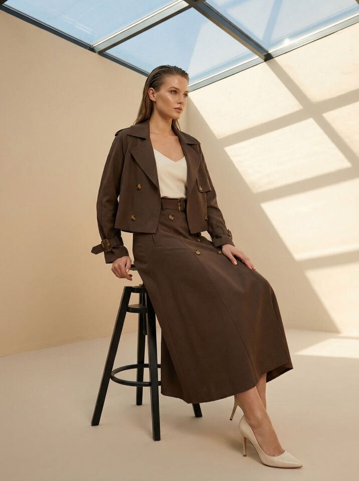 Trenç yaka Ceket Etek Takım Kahve rengi