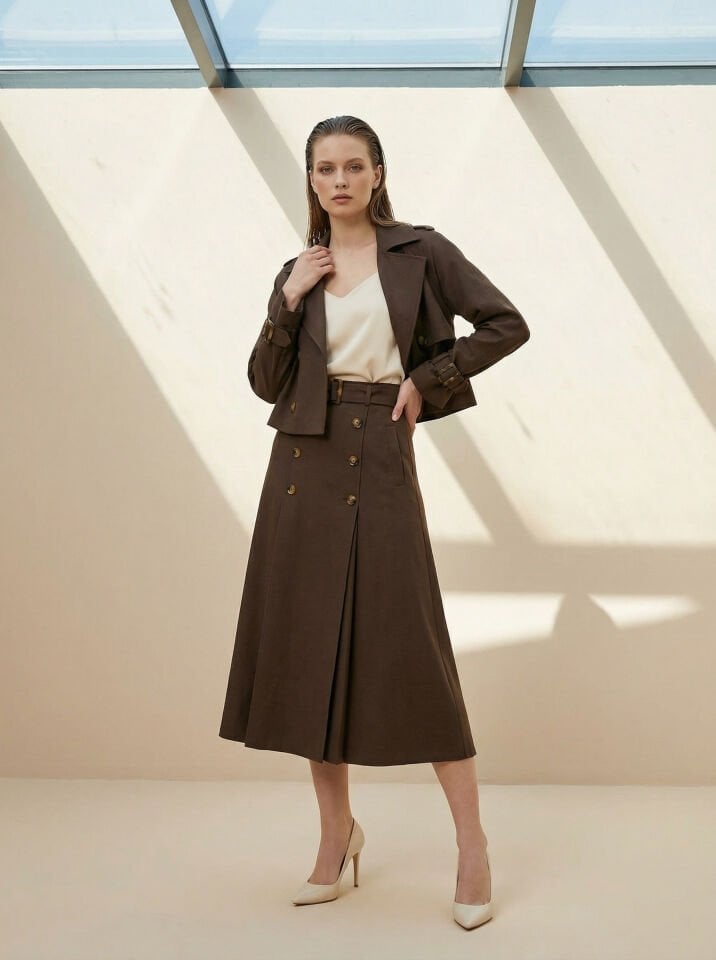Trenç yaka Ceket Etek Takım Kahve rengi