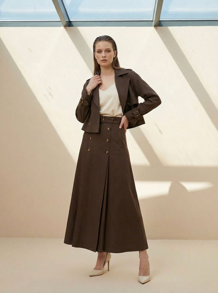 Trenç yaka Ceket Etek Takım Kahve rengi