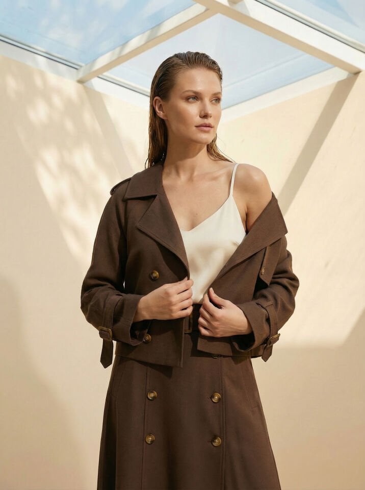 Trenç yaka Ceket Etek Takım Kahve rengi