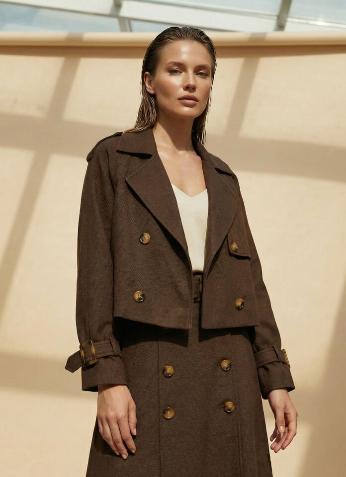 Trenç yaka Ceket Etek Takım Kahve rengi