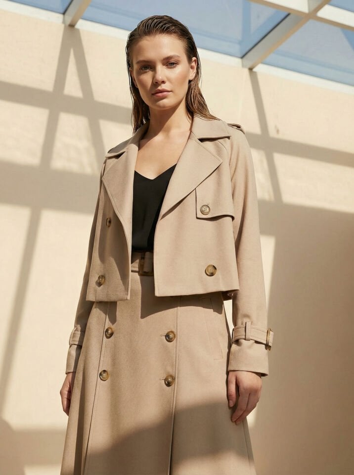 Trenç yaka Ceket Etek Takım Bej