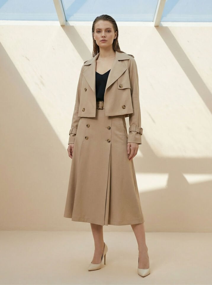 Trenç yaka Ceket Etek Takım Bej