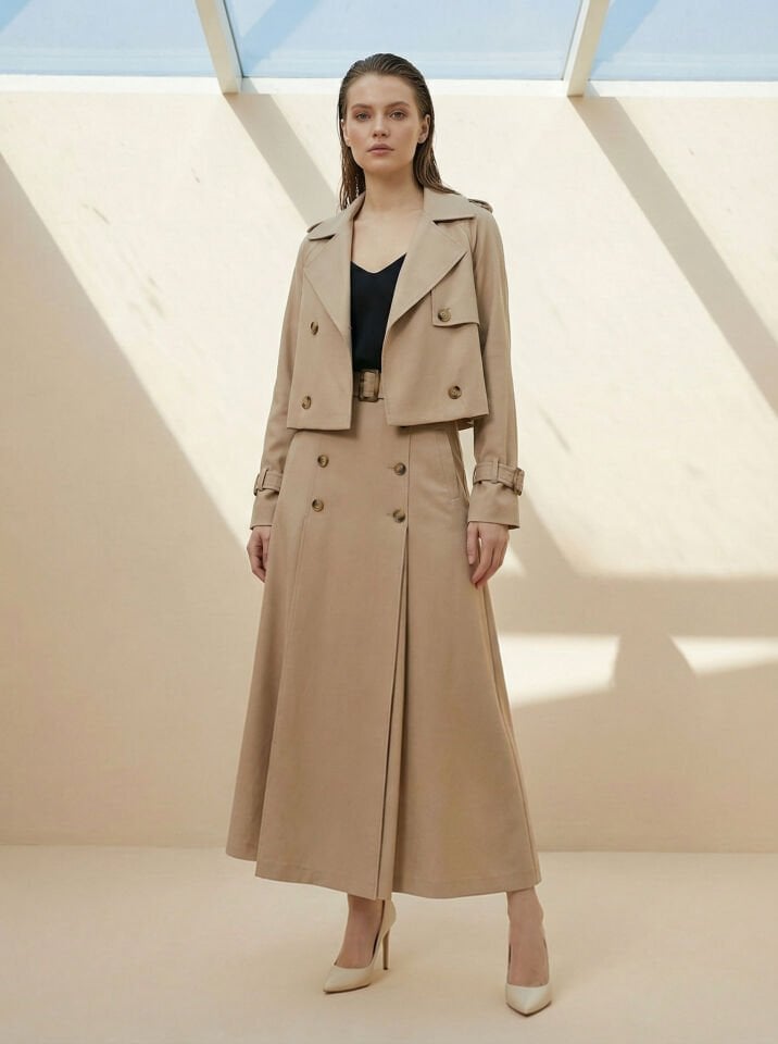 Trenç yaka Ceket Etek Takım Bej