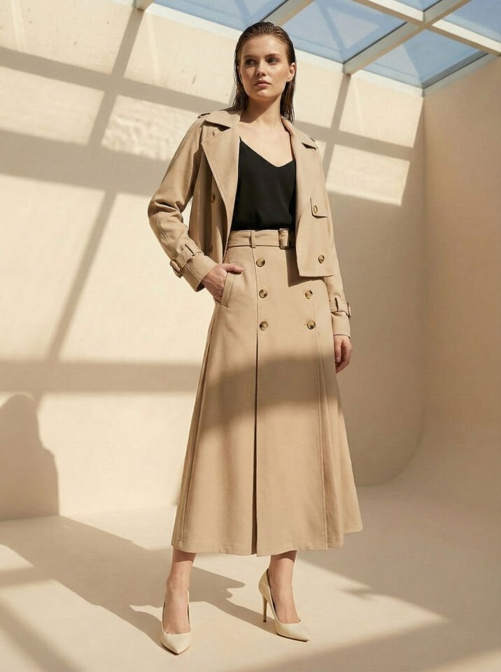 Trenç yaka Ceket Etek Takım Bej