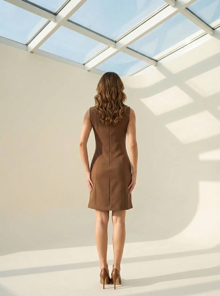 Gold Aksesuar Detaylı  Kahverengi Mini Elbise