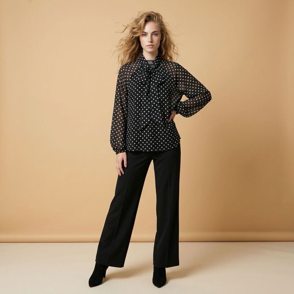 Kadın Puantiyeli Fular Yakalı İç Atletli Şifon Gömlek - Siyah