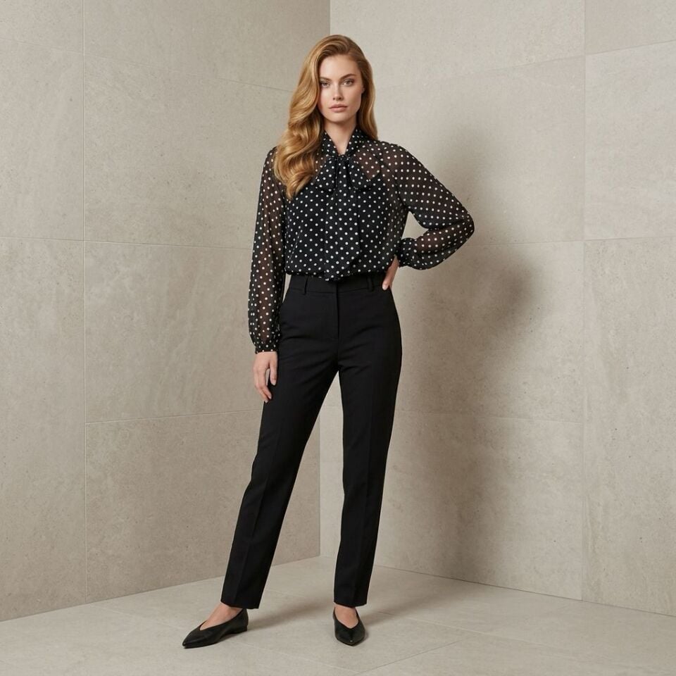 Kadın Puantiyeli Fular Yakalı İç Atletli Şifon Gömlek - Siyah