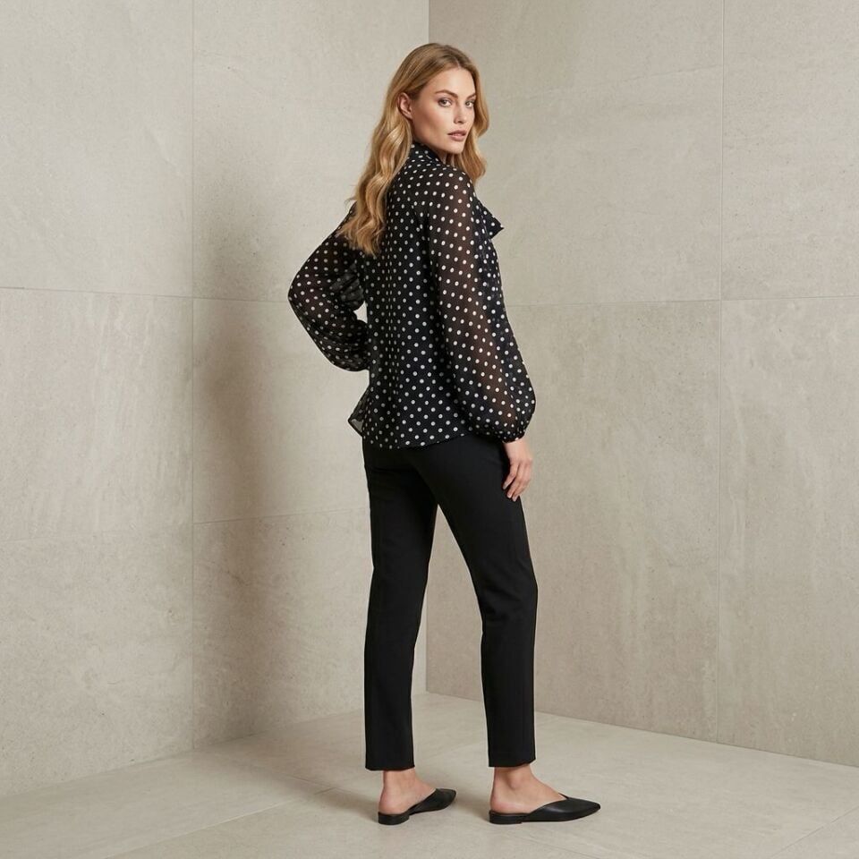 Kadın Puantiyeli Fular Yakalı İç Atletli Şifon Gömlek - Siyah
