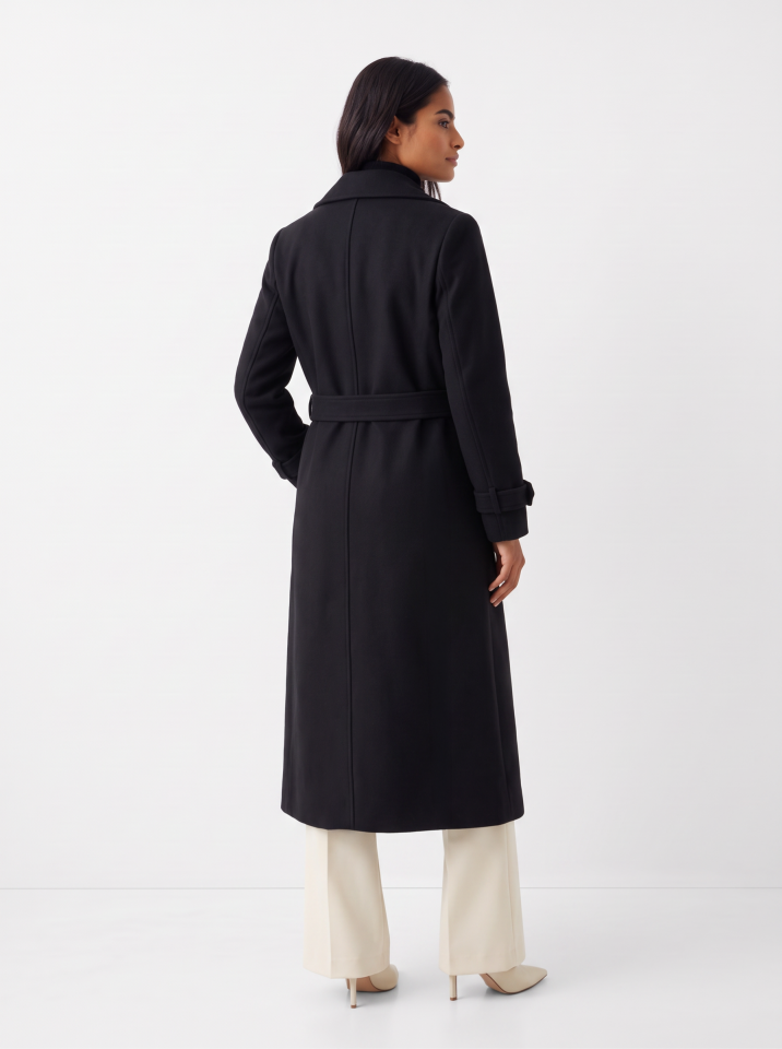 Kadın Kuşaklı Uzun Kaşe Kaban – Siyah